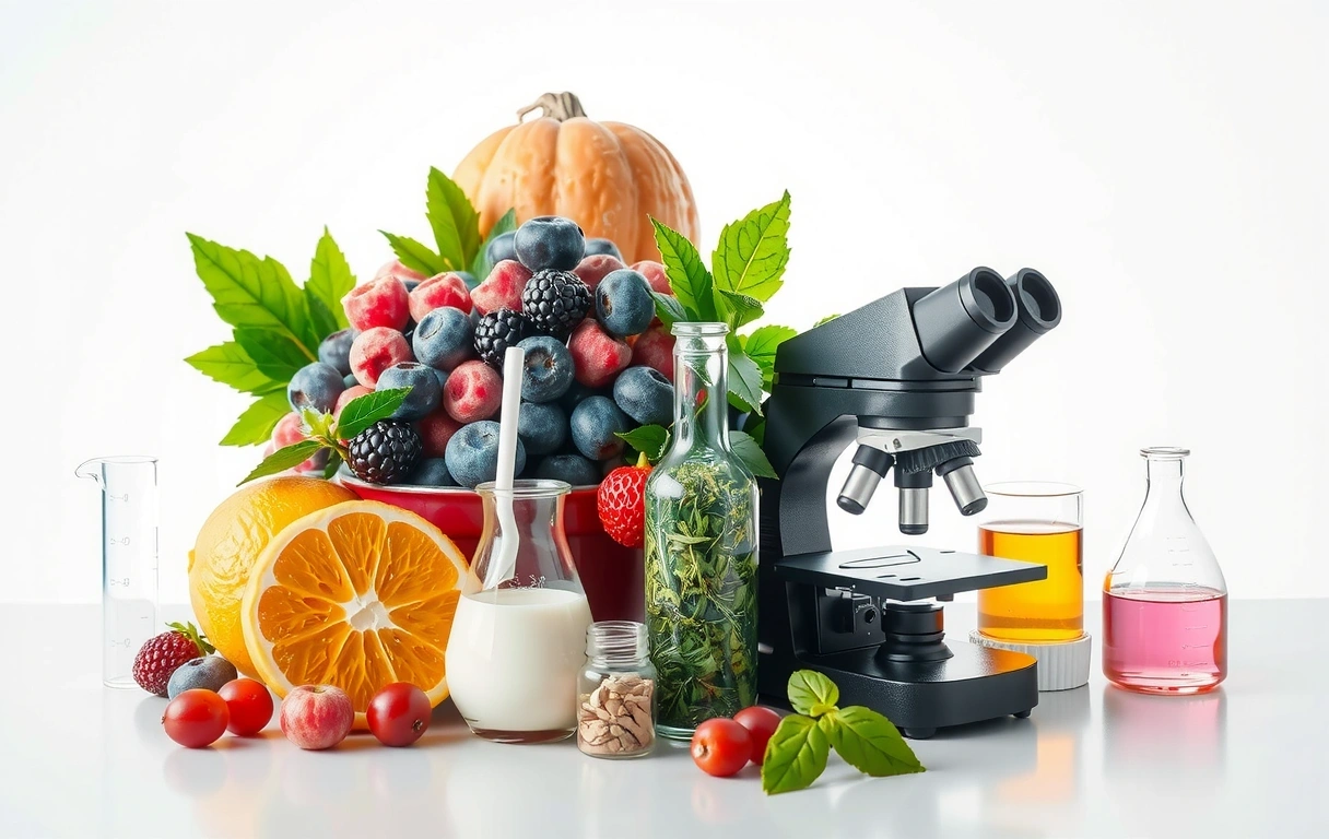 Clean, scientific image of natural ingredients and laboratory equipment, symbolizing the blend of nature and science in product development.