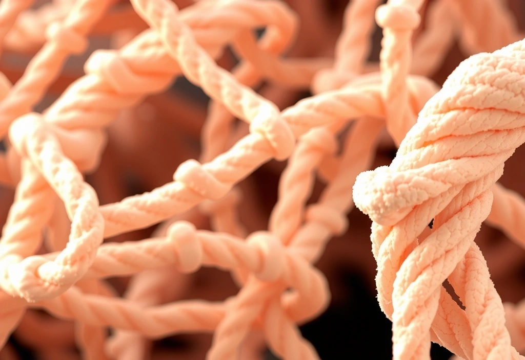 Microscopic view of intricate collagen fibers, illustrating their structure and elasticity, with a soft, biological glow.