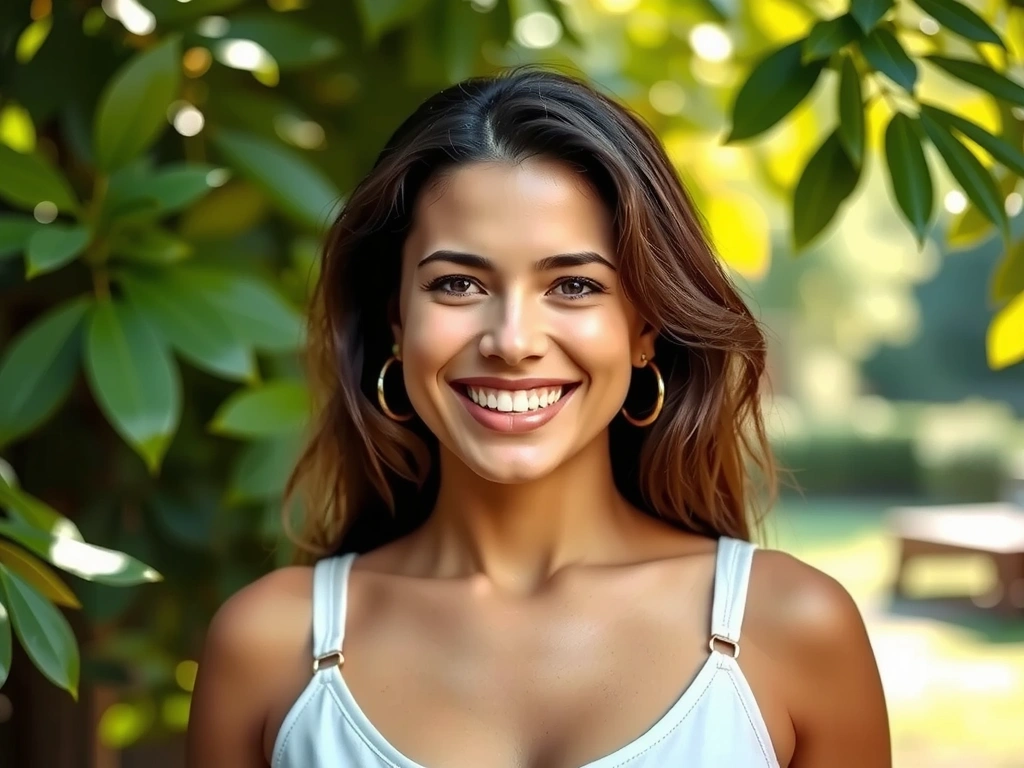 A vibrant, healthy woman smiling in a lush, green natural setting, symbolizing health and beauty.