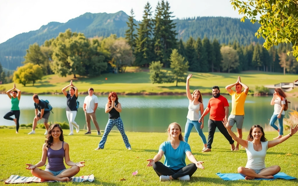 A diverse group of people engaged in healthy activities like yoga, hiking, and meditation, symbolizing holistic well-being.