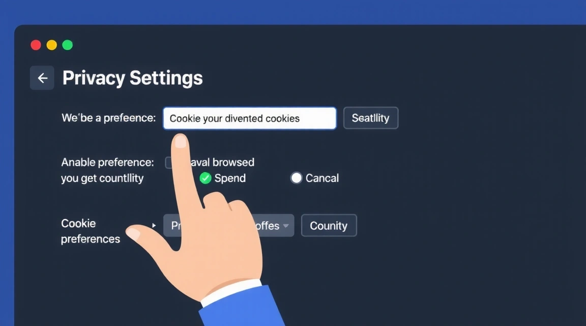 Illustration of a hand interacting with digital cookie settings, symbolizing user control over privacy.