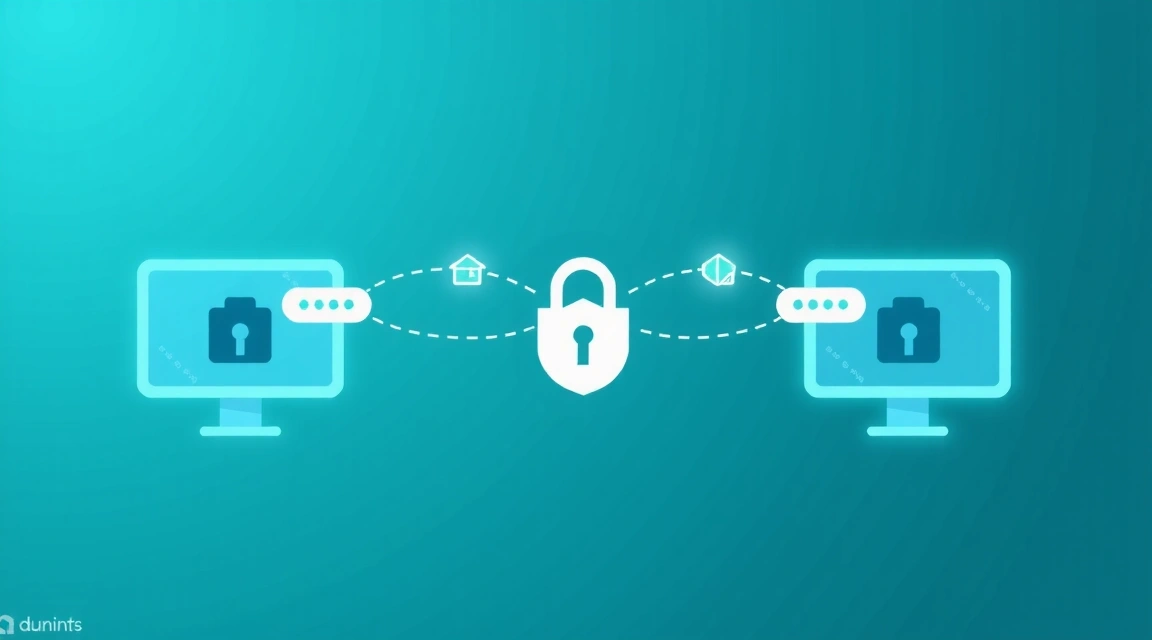 Secure data transfer illustration, with encrypted data packets moving between devices, symbolizing safe information sharing.
